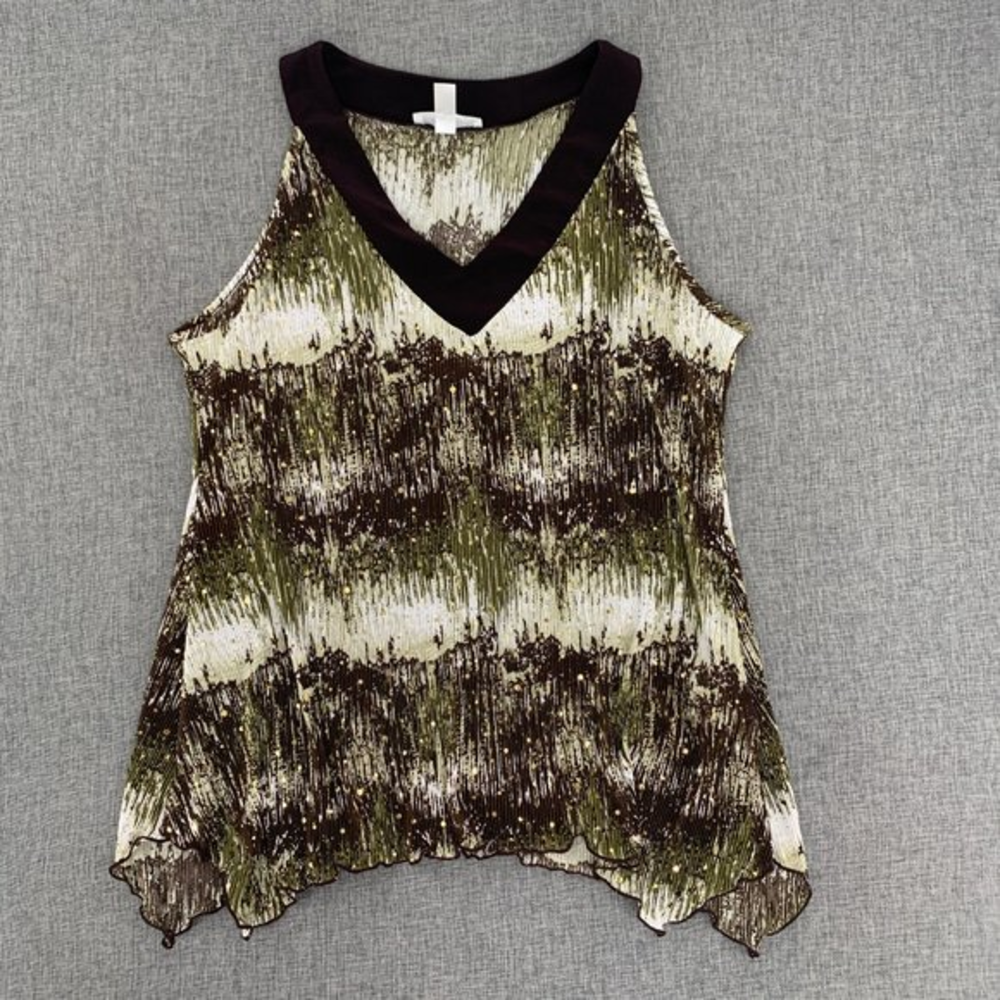 Dressbarn Sleeveless‎ Sequined Blouse V-Neck Petite Large Textures Green Brown